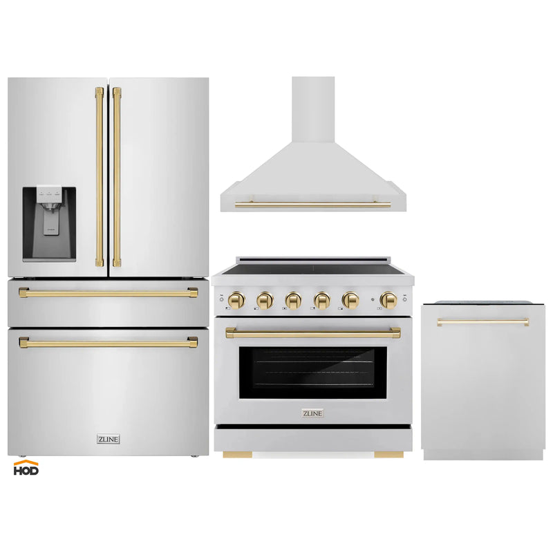 ZLINE 4-Piece Appliance Package - 36-Inch Paramount Induction Range, Wall Mount Range Hood, Refrigerator with Water Dispenser, and Dishwasher in Stainless Steel with Polished Gold Trim