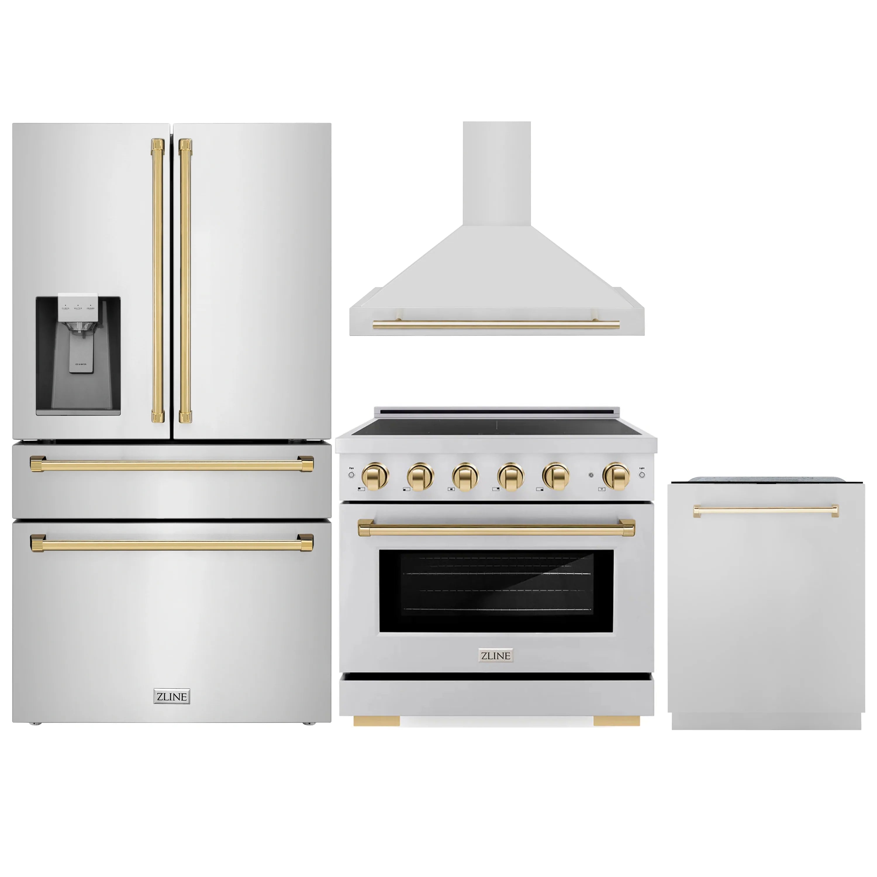 Stainless steel kitchen appliance package with gold-trim range, hood, refrigerator, and dishwasher
