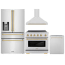 ZLINE 4-Piece Appliance Package - 36-Inch Paramount Induction Range, Wall Mount Range Hood, Refrigerator with Water Dispenser, and Dishwasher in Stainless Steel with Polished Gold Trim