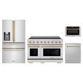 ZLINE 4-Piece Appliance Package - 48-Inch Paramount Induction Range, Refrigerator with Water Dispenser, Dishwasher, and 24-Inch Microwave Drawer in Stainless Steel with Champagne Bronze Accents