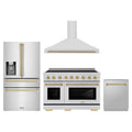 ZLINE 4-Piece Appliance Package - 48-Inch Paramount Induction Range, Wall Mount Range Hood, Refrigerator with Water Dispenser, and Dishwasher in Stainless Steel with Champagne Bronze Trim