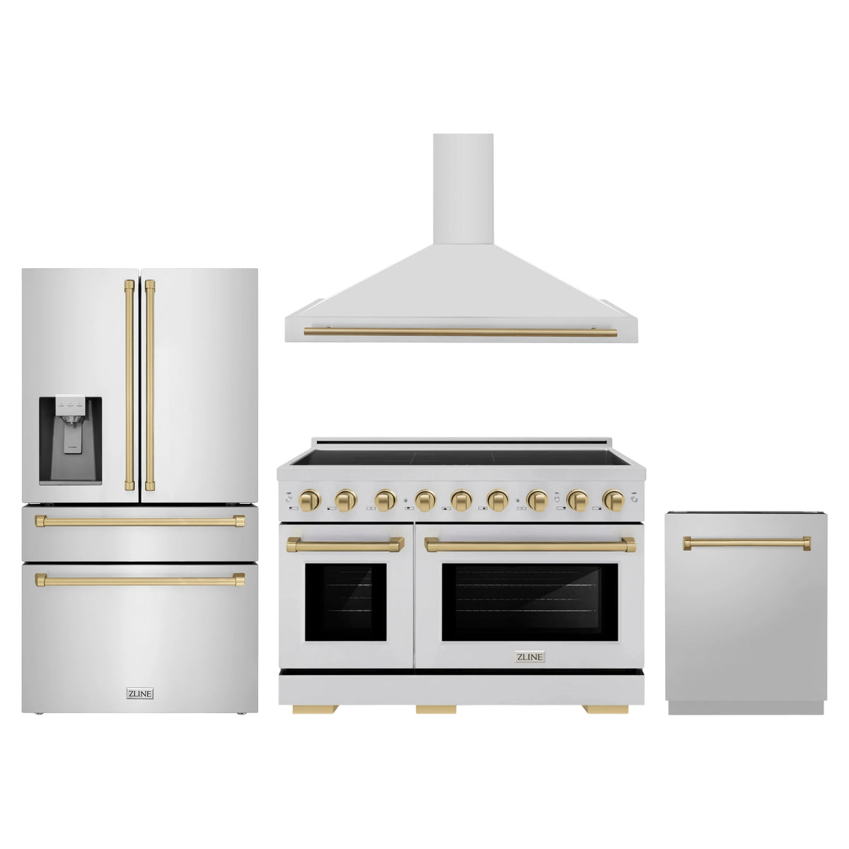 ZLINE 4-Piece Appliance Package - 48-Inch Paramount Induction Range, Wall Mount Range Hood, Refrigerator with Water Dispenser, and Dishwasher in Stainless Steel with Champagne Bronze Trim
