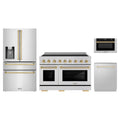 ZLINE 4-Piece Appliance Package - 48-Inch Paramount Induction Range, Refrigerator with Water Dispenser, Dishwasher, and 24-Inch Microwave Drawer in Stainless Steel with Gold Accents