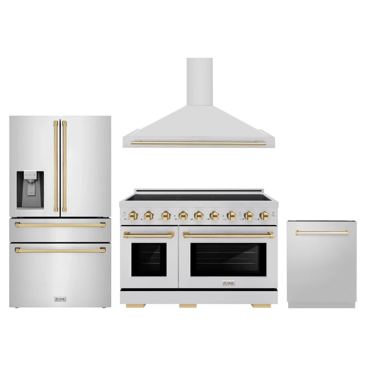 ZLINE 4-Piece Appliance Package - 48-Inch Paramount Induction Range, Wall Mount Range Hood, Refrigerator with Water Dispenser, and Dishwasher in Stainless Steel with Polished Gold Trim