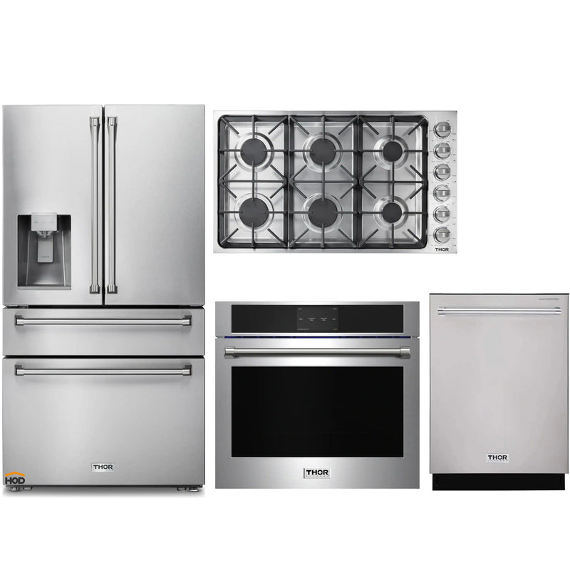 Thor Kitchen 4-Piece Pro Appliance Package - 36-Inch Gas Cooktop, Electric Wall Oven, Dishwasher & Refrigerator with Water Dispenser in Stainless Steel