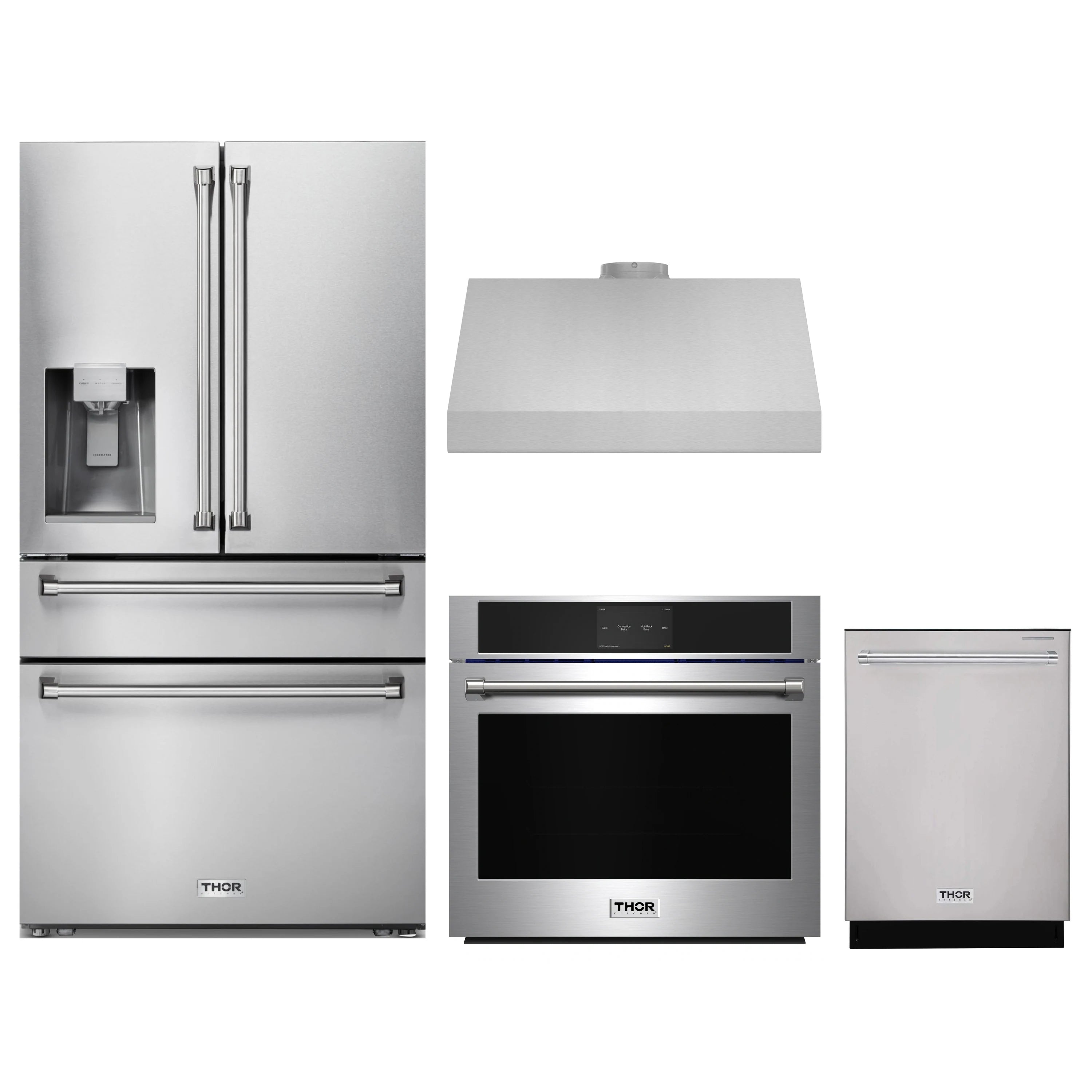 Stainless steel appliance bundle: refrigerator with water dispenser, oven, and dishwasher