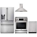 Thor Kitchen 4-Piece Appliance Package - 30-Inch Propane Gas Range, Tilt Panel, Refrigerator with Water Dispenser, Wall Mount Hood, & Dishwasher in Stainless Steel
