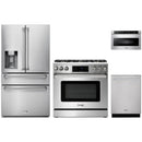 Thor Kitchen 4-Piece Appliance Package - 36-Inch Propane Gas Range, Tilt Panel, Refrigerator with Water Dispenser, Dishwasher, & Microwave Drawer in Stainless Steel