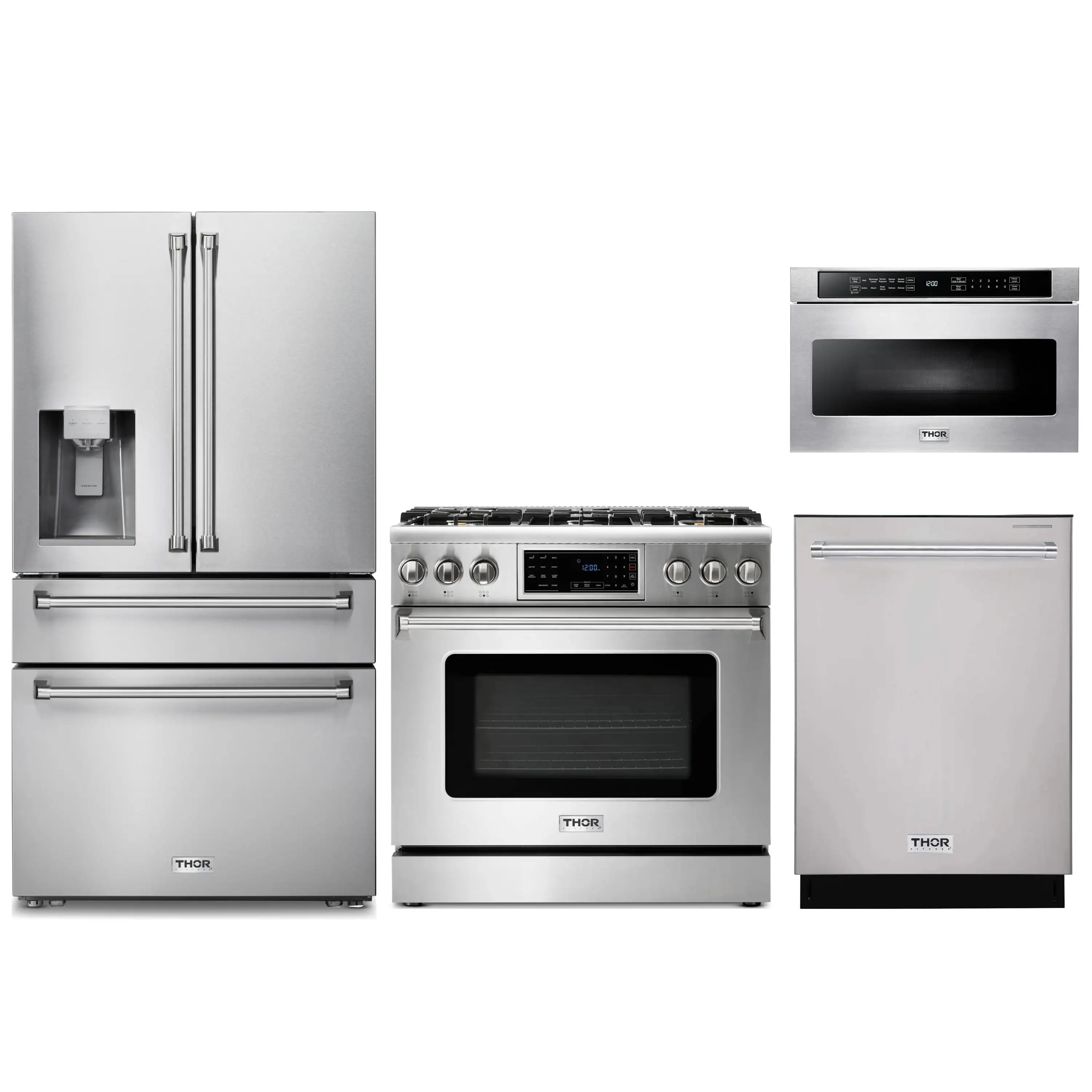Stainless steel kitchen appliance set: refrigerator, range, microwave, dishwasher
