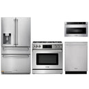 Thor Kitchen 4-Piece Appliance Package - 36-Inch Propane Gas Range, Tilt Panel, Refrigerator with Water Dispenser, Dishwasher, & Microwave Drawer in Stainless Steel