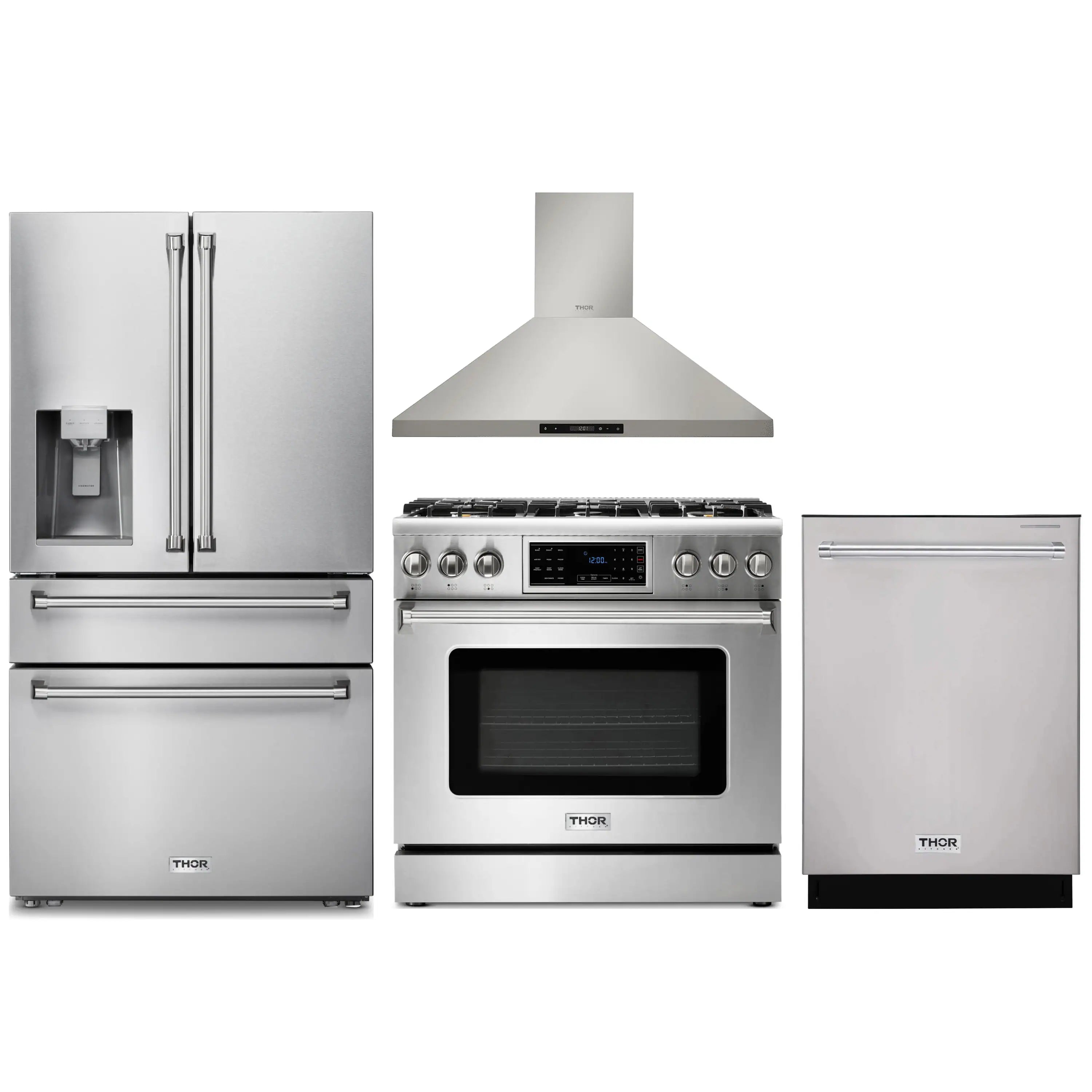 Stainless appliance package: refrigerator, gas range, wall hood, and dishwasher
