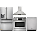 Thor Kitchen 4-Piece Appliance Package - 36-Inch Propane Gas Range, Tilt Panel, Refrigerator with Water Dispenser, Wall Mount Hood, & Dishwasher in Stainless Steel