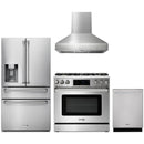 Thor Kitchen 4-Piece Appliance Package - 36-Inch Propane Gas Range, Tilt Panel, Refrigerator with Water Dispenser, Pro-Style Wall Mount Hood, & Dishwasher in Stainless Steel