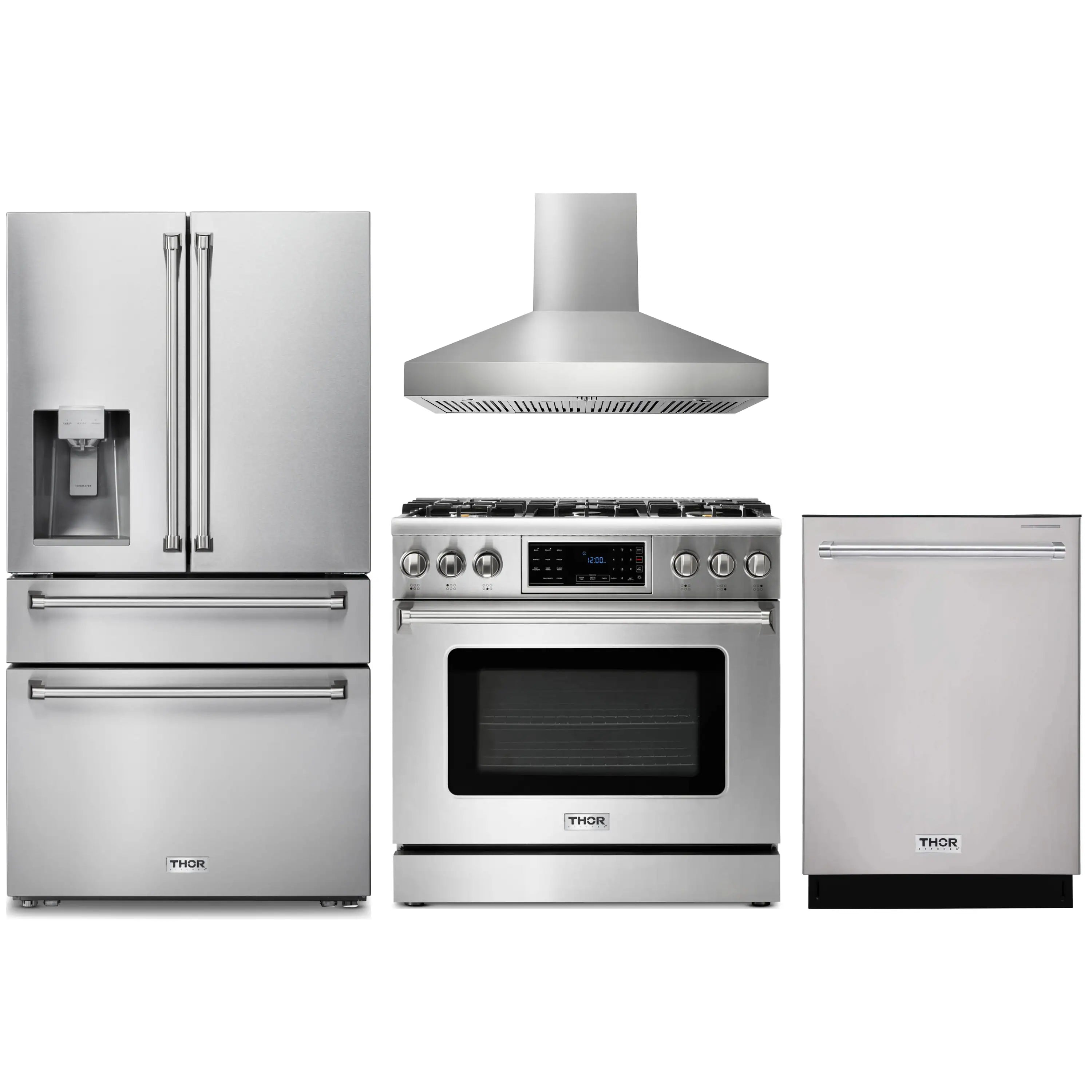 Stainless steel kitchen appliance set: refrigerator, gas range, hood, and dishwasher