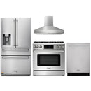Thor Kitchen 4-Piece Appliance Package - 36-Inch Propane Gas Range, Tilt Panel, Refrigerator with Water Dispenser, Pro-Style Wall Mount Hood, & Dishwasher in Stainless Steel