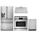 Thor Kitchen 4-Piece Appliance Package - 36-Inch Gas Range with Tilt Panel, Refrigerator with Water Dispenser, Under Cabinet Hood & Dishwasher in Stainless Steel