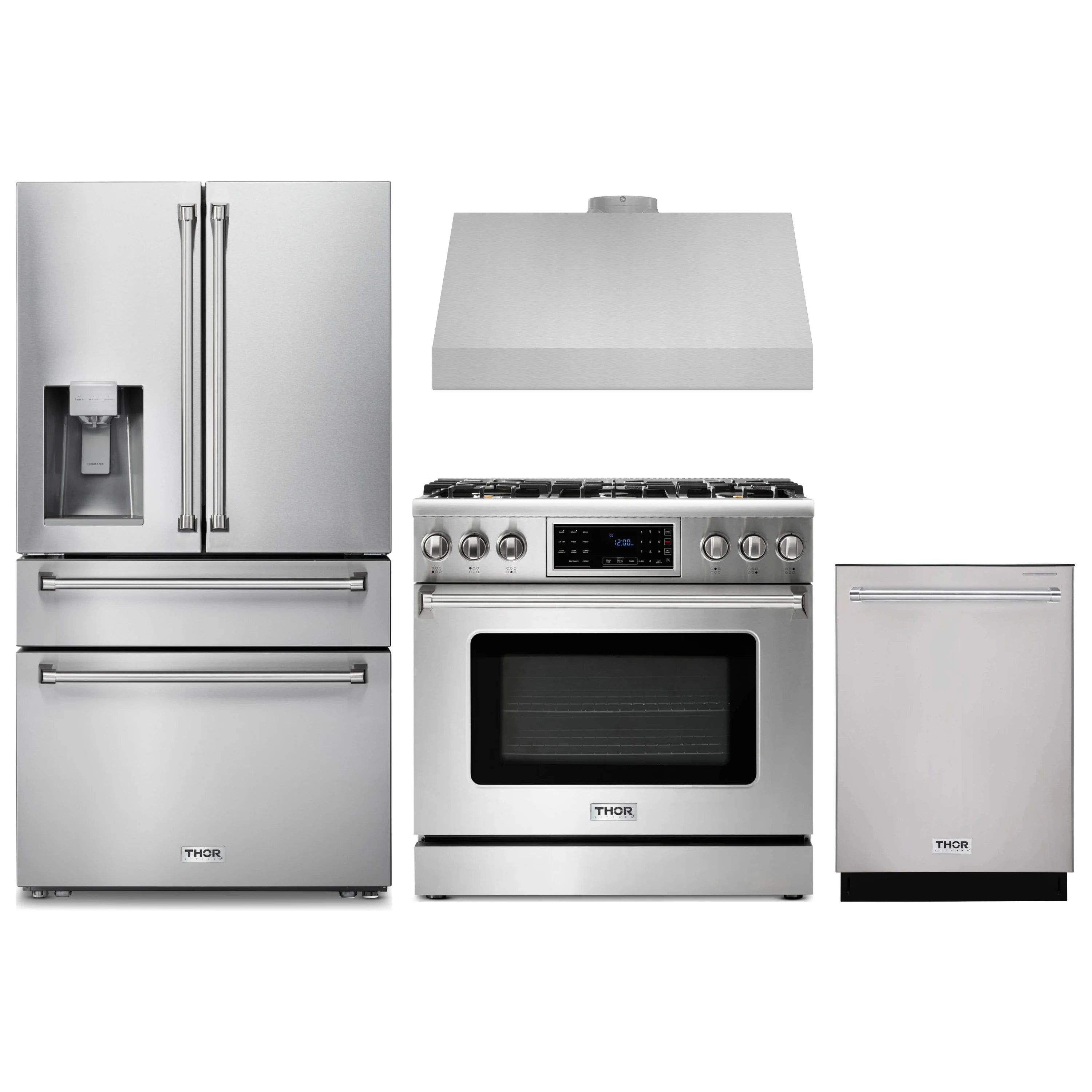 Stainless steel appliance package with refrigerator, gas range, dishwasher, and hood