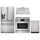 Thor Kitchen 4-Piece Appliance Package - 36-Inch Propane Gas Range, Tilt Panel, Refrigerator with Water Dispenser, Under Cabinet Hood & Dishwasher in Stainless Steel