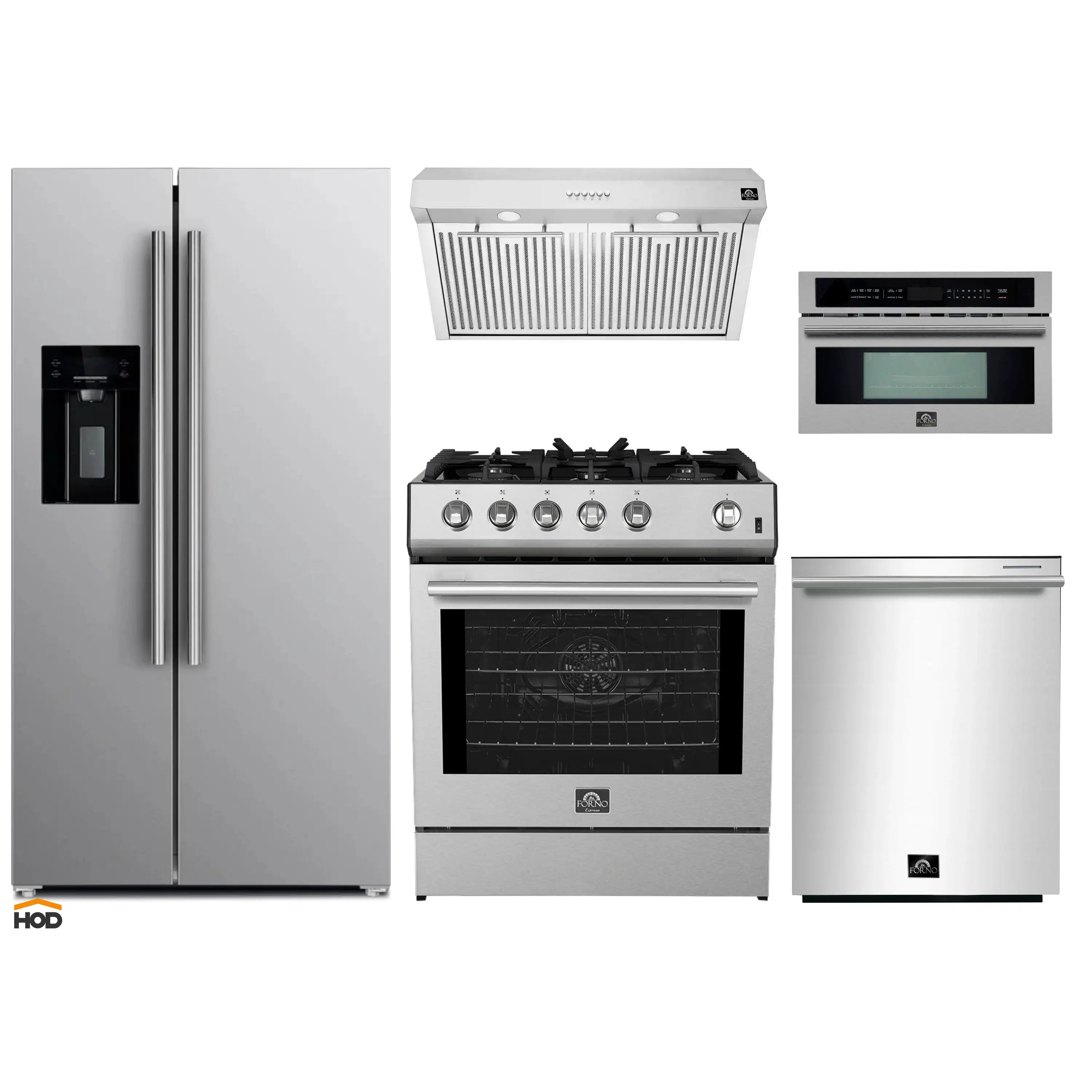 Stainless steel appliance set with refrigerator, gas range, hood, dishwasher, microwave