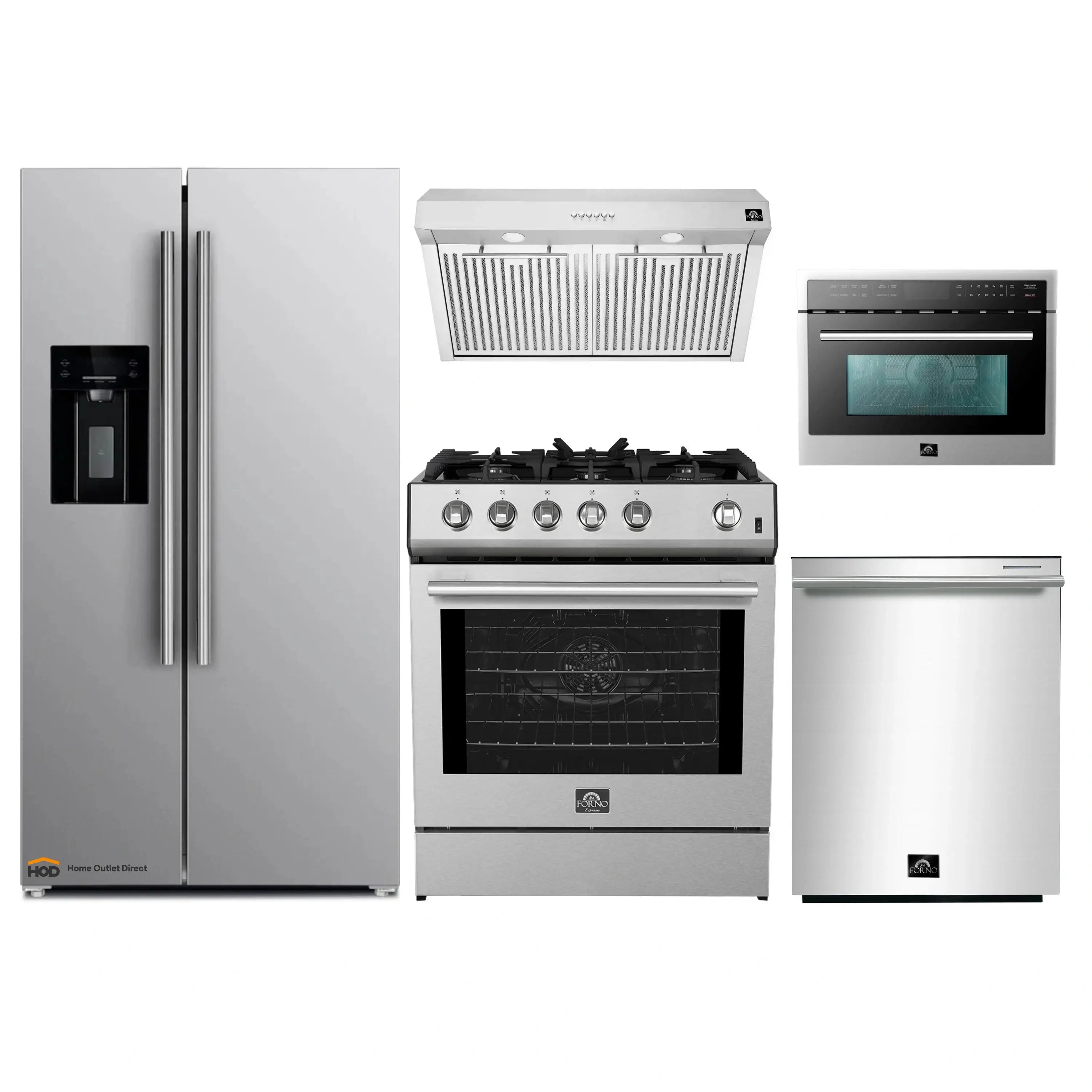 Stainless steel appliance package showing refrigerator, gas range, microwave, and hood