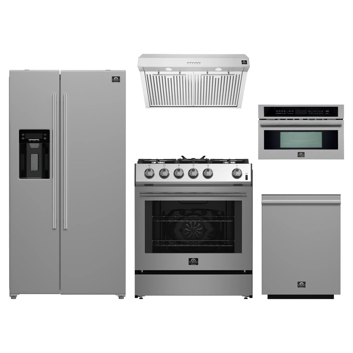 Forno 5-Piece Appliance Package - 30-Inch Gas Range, Under Cabinet Range Hood, Refrigerator with Water Dispenser, Dishwasher, and 30-Inch Microwave Oven in Stainless Steel