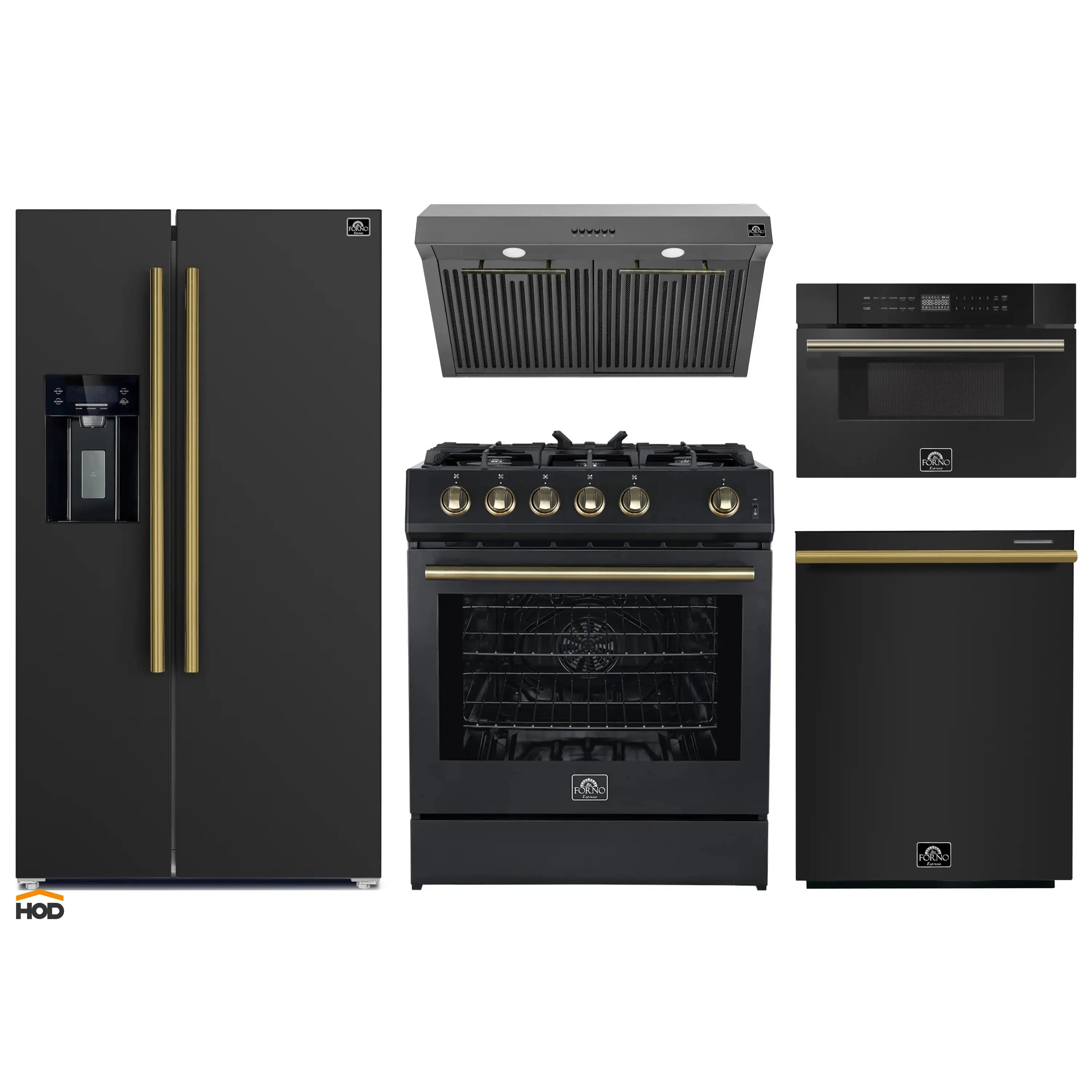 Black appliance package set: refrigerator, gas range, dishwasher, microwave, hood