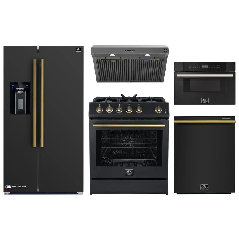 Forno 5-Piece Appliance Package - 30-Inch Gas Range, Under Cabinet Range Hood, Refrigerator wth Water Dispenser, Dishwasher, and 30-Inch Microwave Drawer in Black with Antique Brass Trim