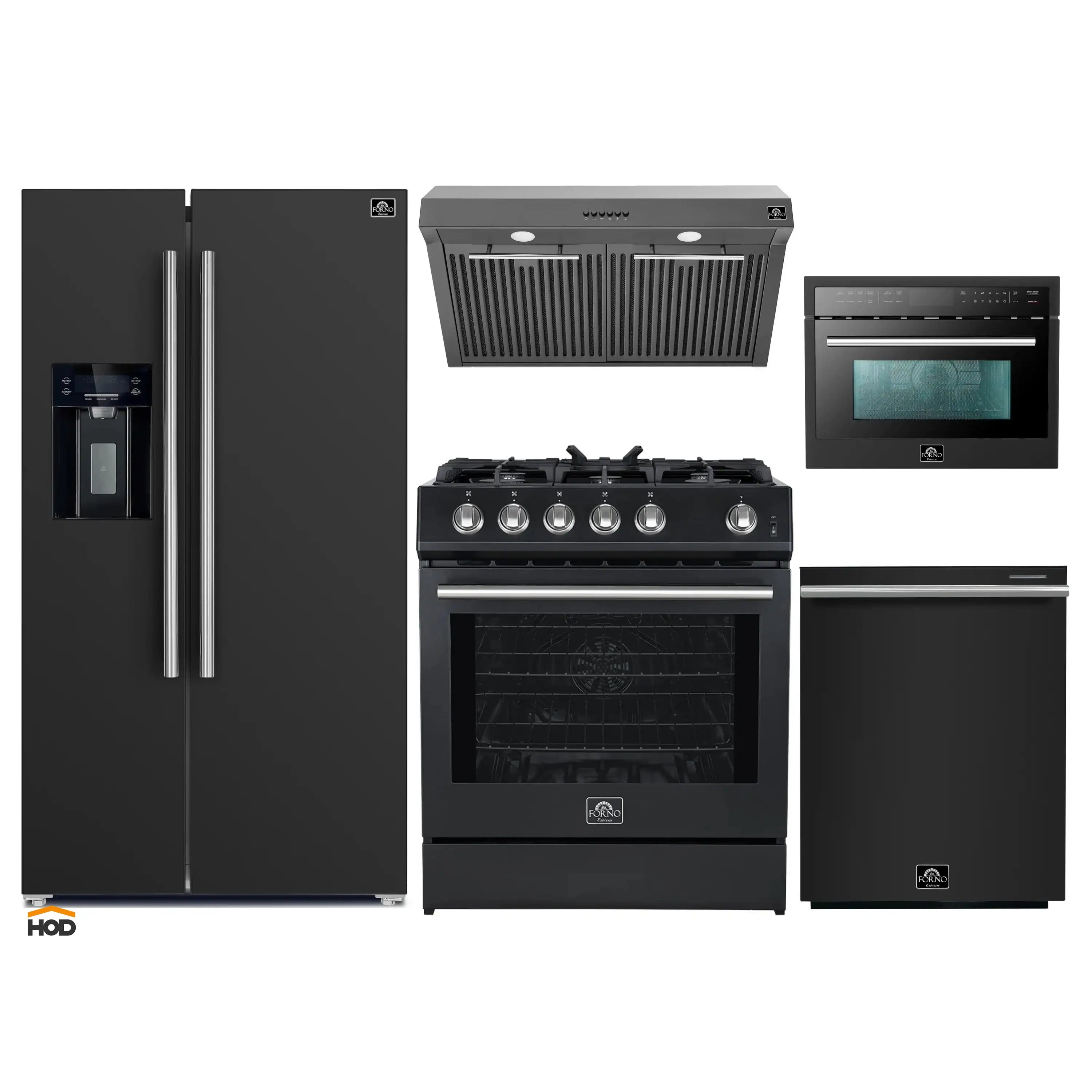 5-piece black appliance set with refrigerator, range, range hood, dishwasher, and microwave