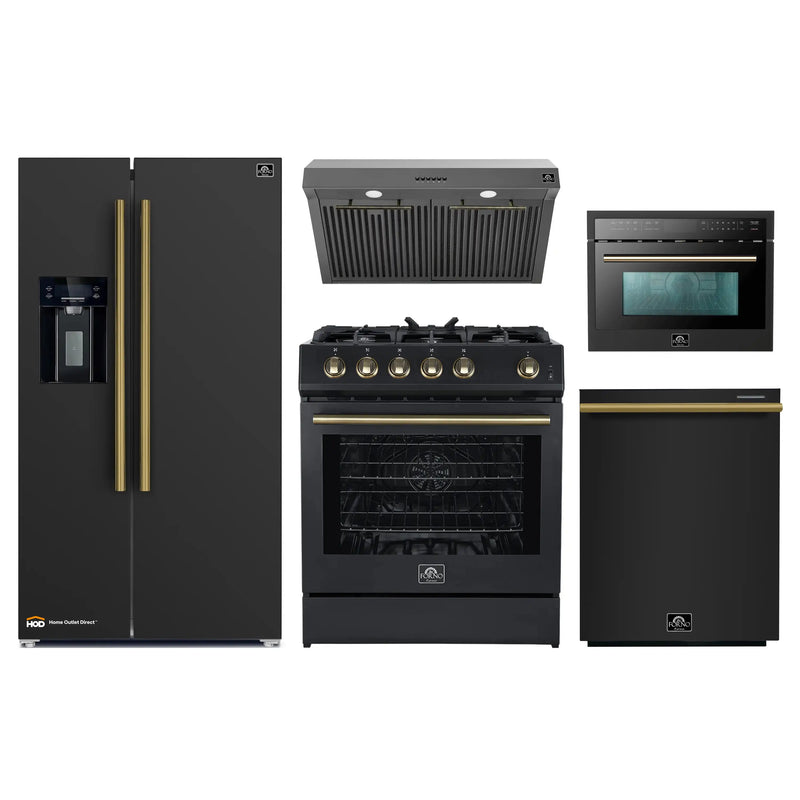 Forno 5-Piece Appliance Package - 30-Inch Gas Range, Under Cabinet Range Hood, Refrigerator with Water Dispenser, Dishwasher, and 24-Inch Microwave Oven in Black with Antique Brass Trim