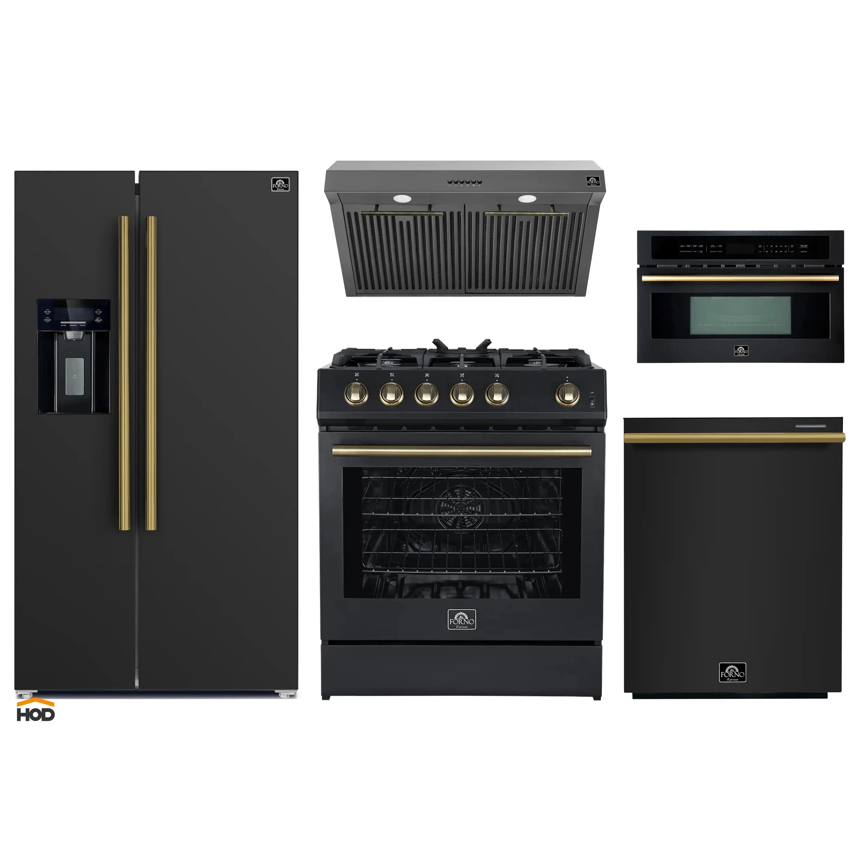 Black kitchen appliance set with brass trim: refrigerator, range, hood, and dishwasher
