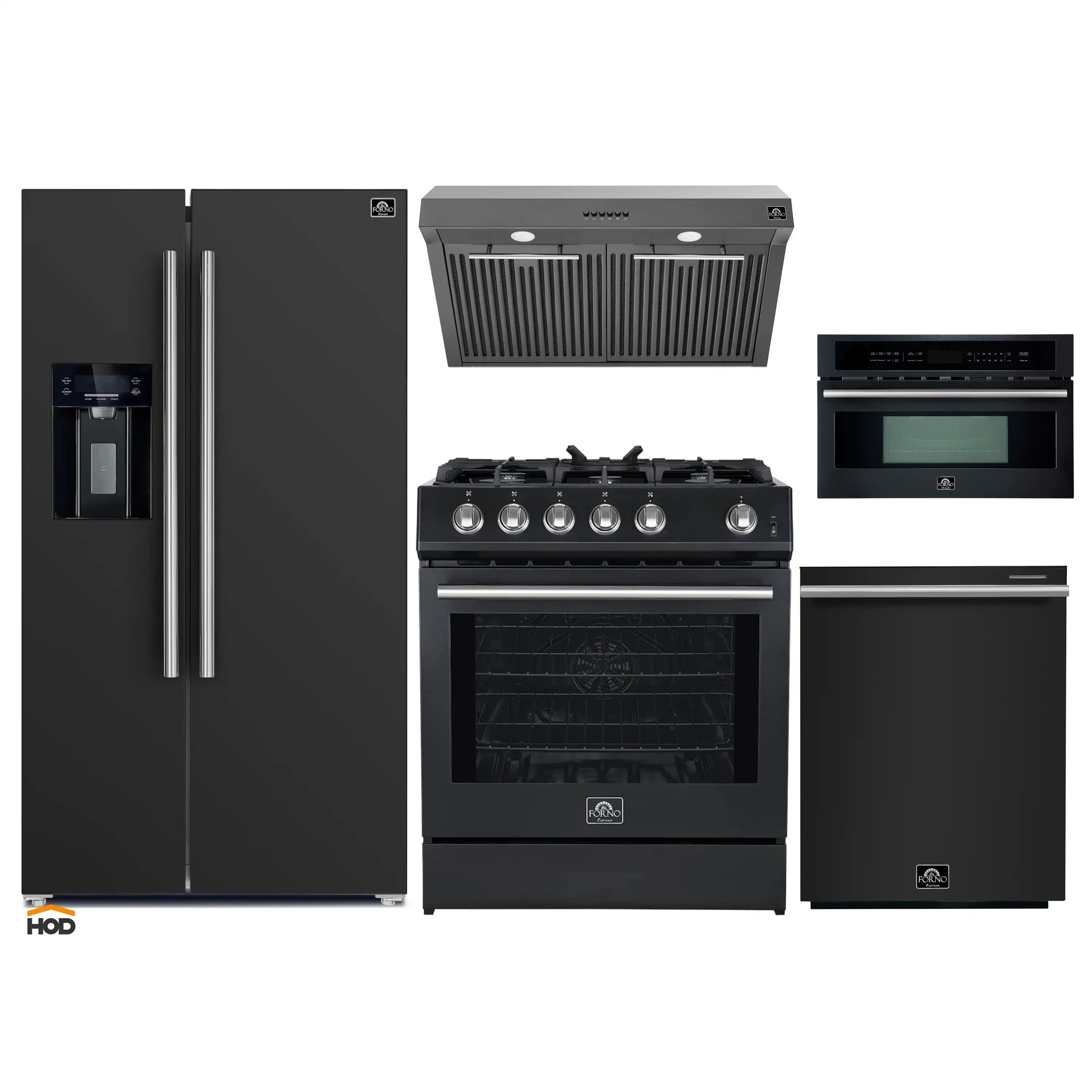 Five-piece black kitchen appliance set: refrigerator, gas range, hood, dishwasher, microwave