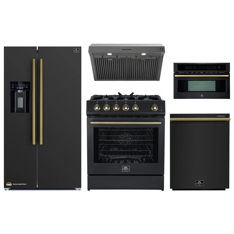 Forno 5-Piece Appliance Package - 30-Inch Gas Range, Under Cabinet Range Hood, Refrigerator with Water Dispenser, Dishwasher, and  30-Inch Microwave Oven in Black with Antique Brass Trim
