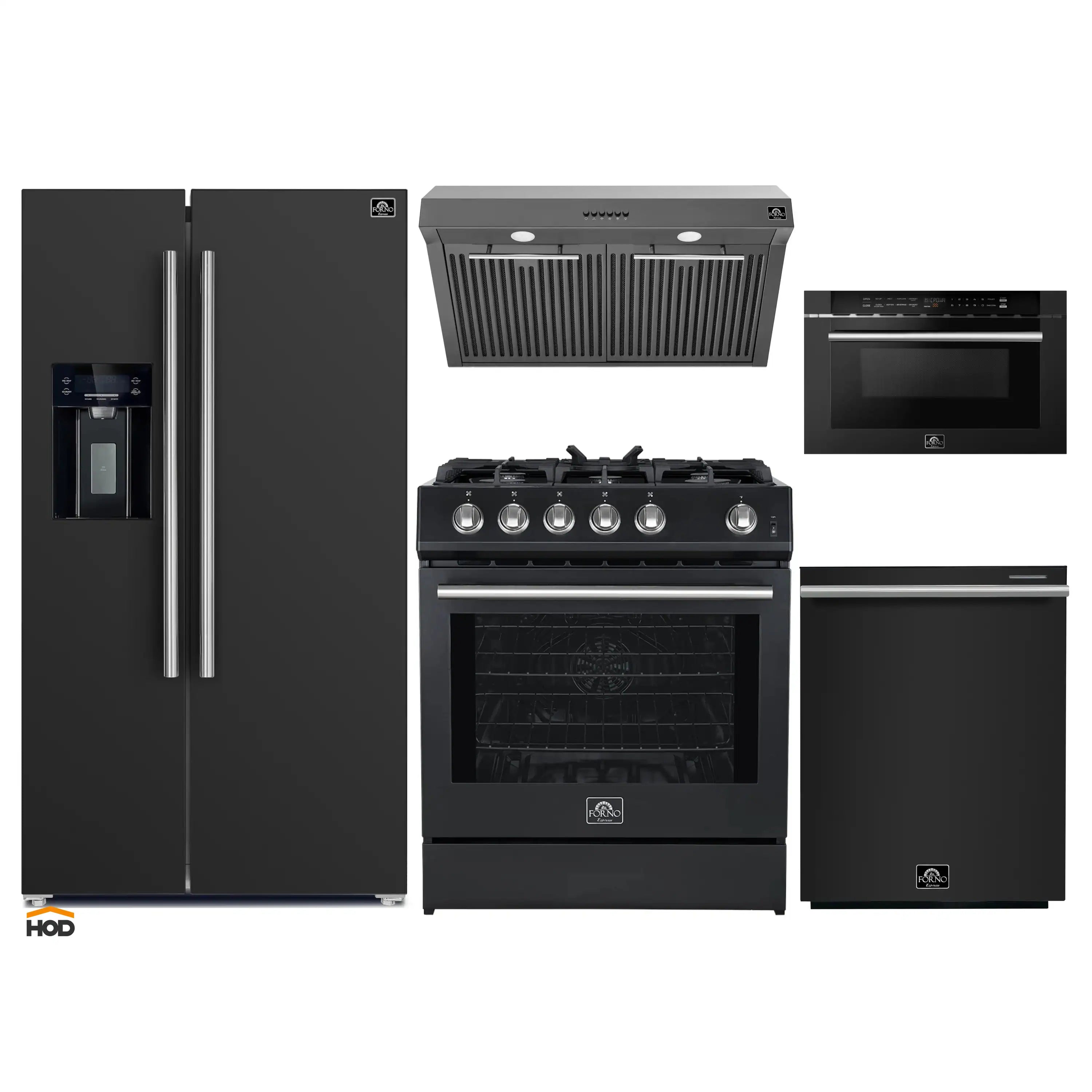 Black kitchen appliance package with stainless trim: refrigerator, gas range, hood, dishwasher
