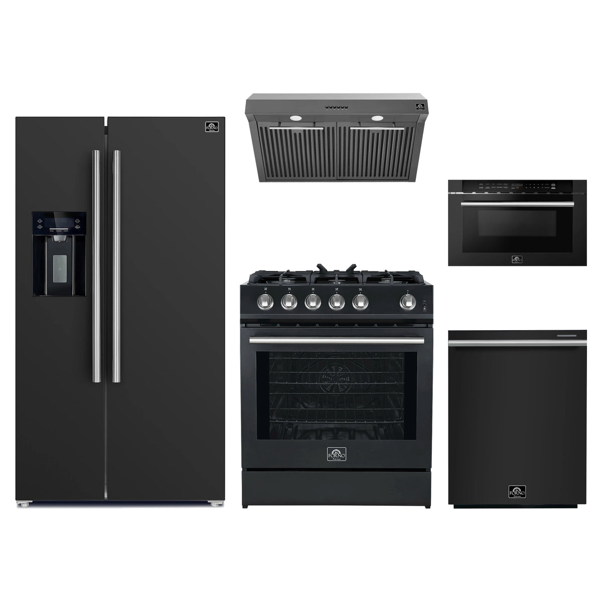 Forno 5-Piece Appliance Package - 30-Inch Gas Range, Under Cabinet Range Hood, Refrigerator with Water Dispenser, Dishwasher, and Microwave Drawer in Black with Stainless Steel Trim