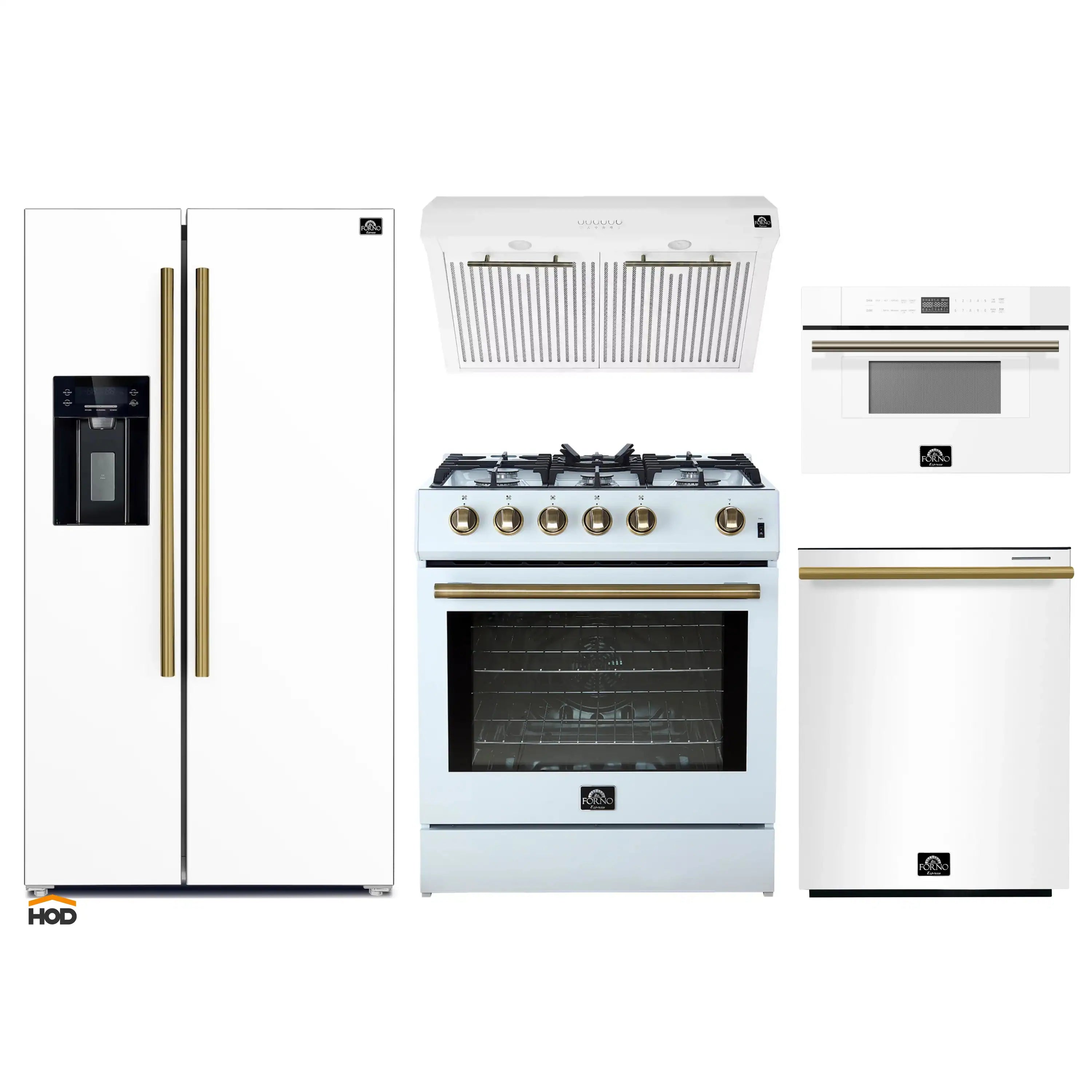 White kitchen appliance set with gas range, hood, dishwasher, fridge and microwave drawer, brass trim