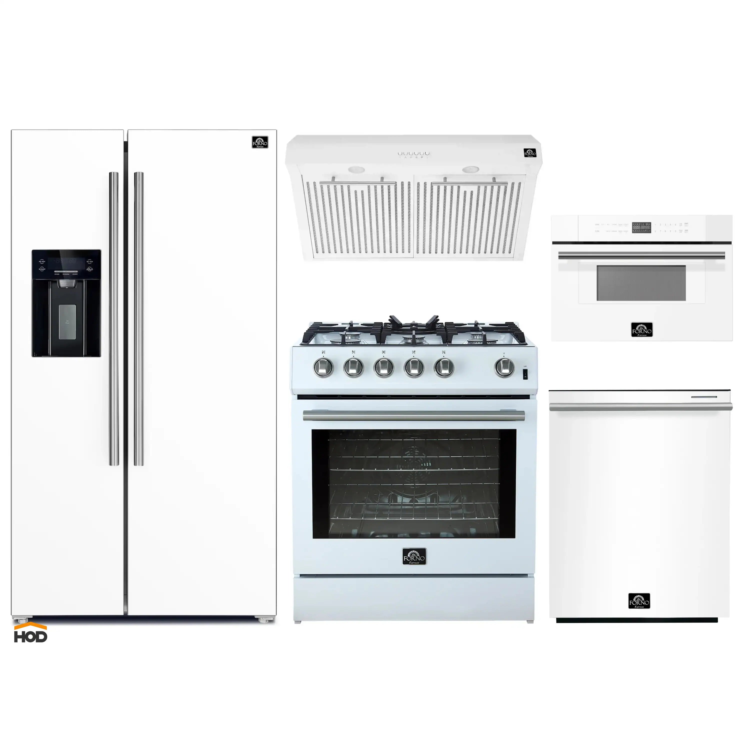 Kitchen appliance set with white refrigerator, gas range, hood, and microwave drawer