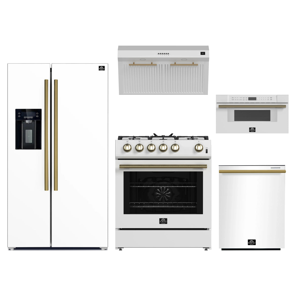 Forno 5-Piece Appliance Package - 30-Inch Gas Range, Under Cabinet Range Hood, Refrigerator wth Water Dspenser, Dishwasher, and 30-Inch Microwave Drawer in White with Antique Brass Trim