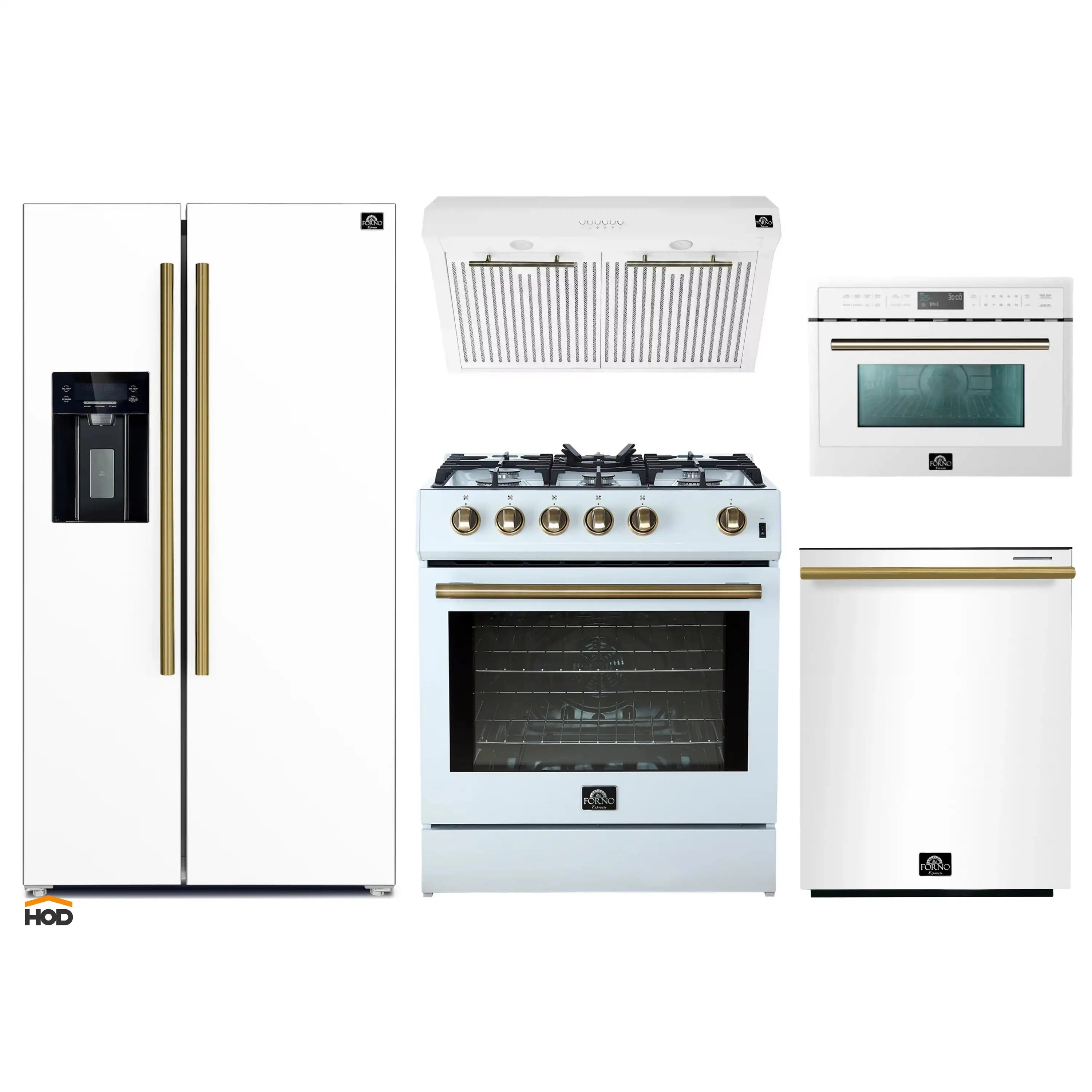 White appliance package with refrigerator, gas range, and wall oven/microwave set