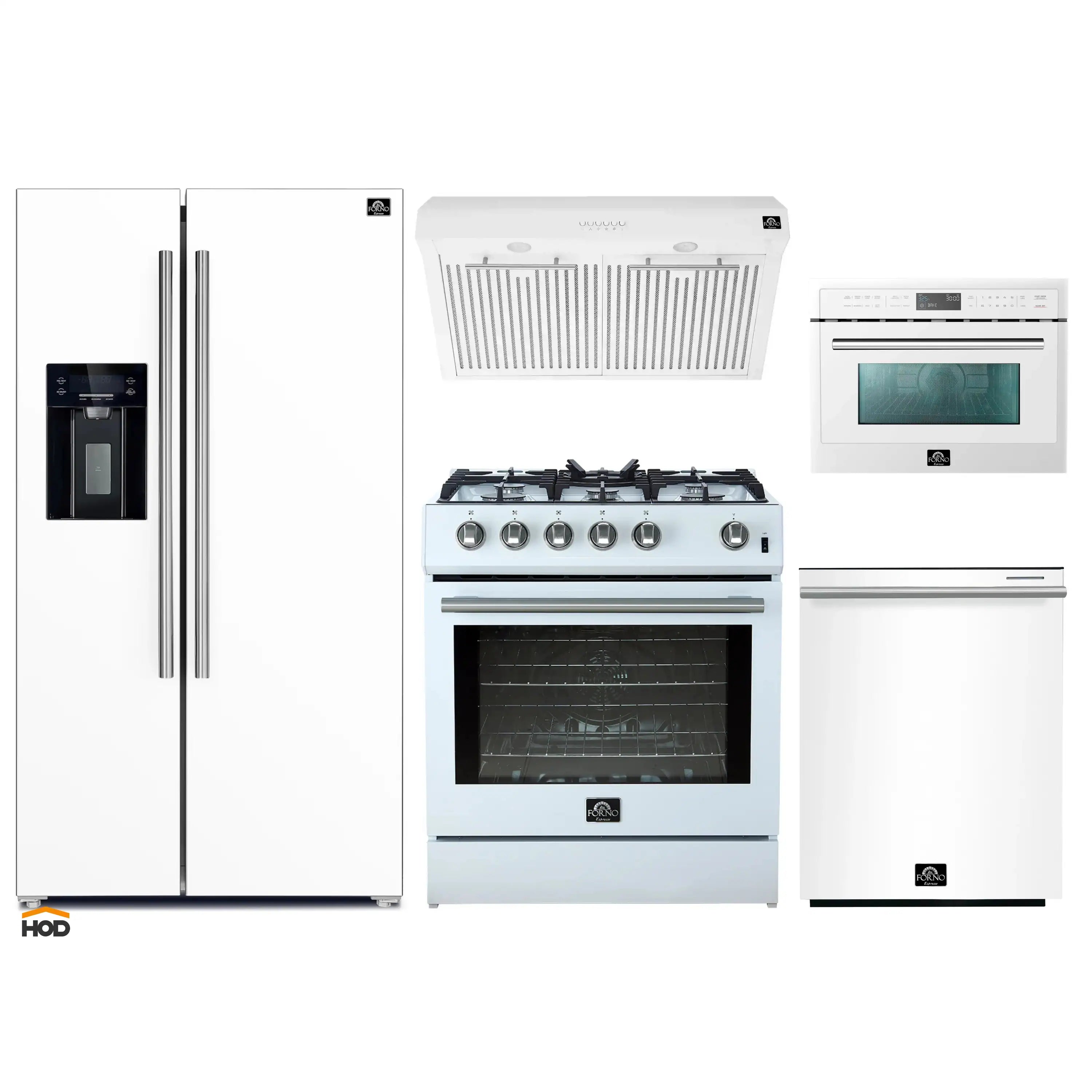 White kitchen appliance package with gas range, range hood, refrigerator, microwave, dishwasher
