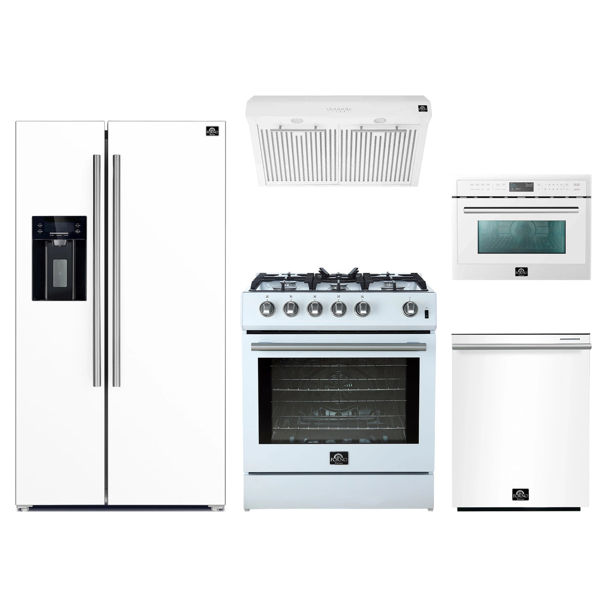 Forno 5-Piece Appliance Package - 30-Inch Gas Range, Under Cabinet Range Hood, Refrigerator with Water Dispenser, Dishwasher, and 24-Inch Microwave Oven in White with Stainless Steel Trim