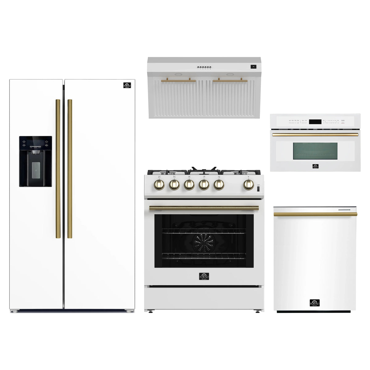 Forno 5-Piece Appliance Package - 30-Inch Gas Range, Under Cabinet Range Hood, Refrigerator with Water Dispenser, Dishwasher, and 30-Inch Microwave Oven in White with Antique Brass Trim