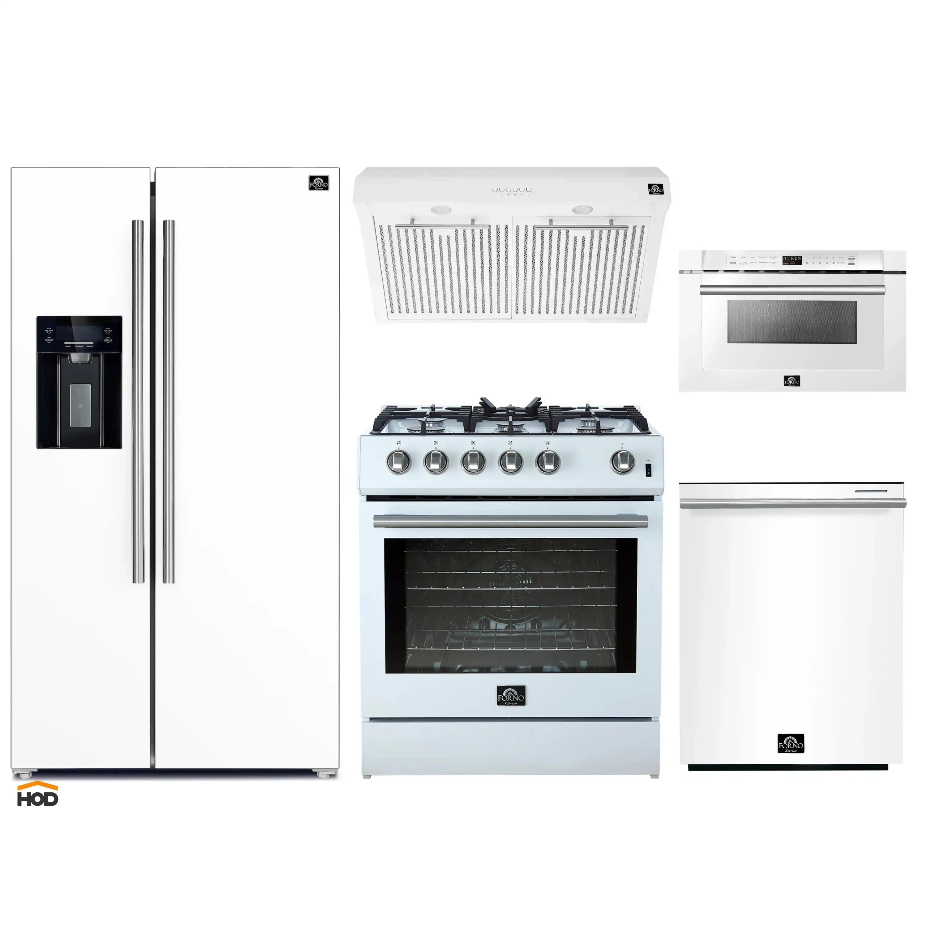 Five-piece white and stainless appliance package: gas range, microwave drawer, refrigerator, dishwasher, hood
