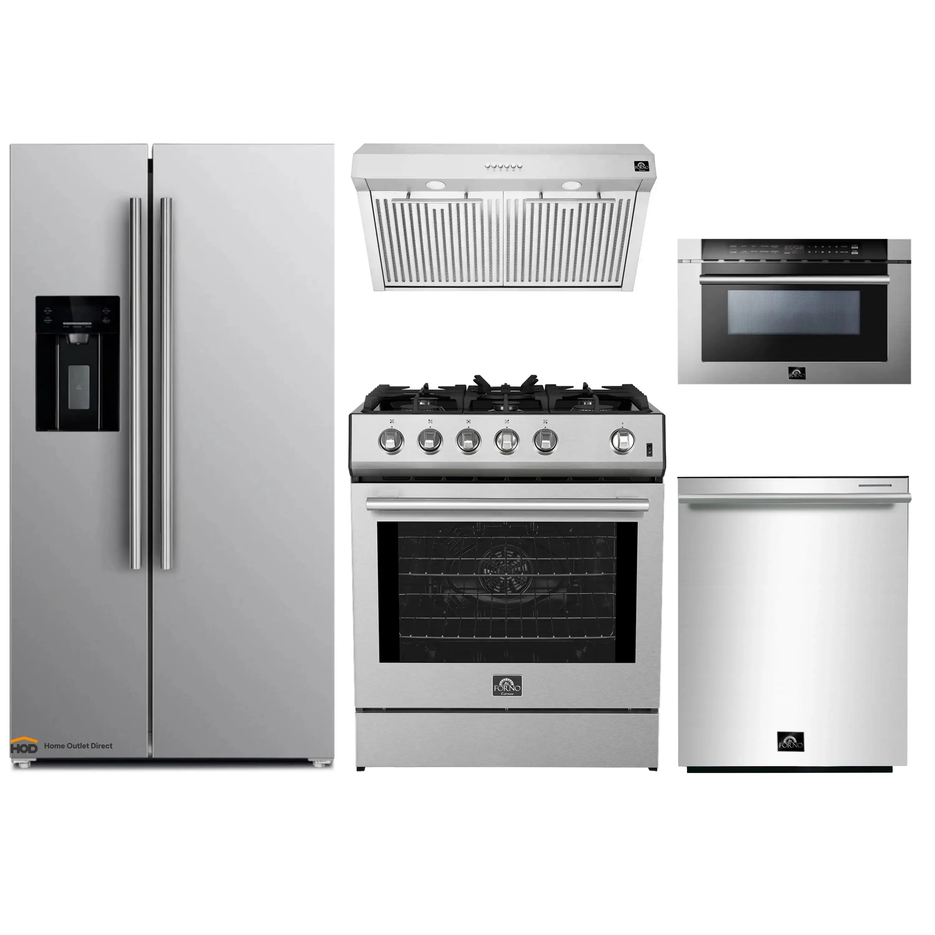 Stainless steel appliance package set with refrigerator, range, microwave, and oven