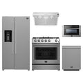 Forno 5-Piece Appliance Package - 30-Inch Leonardo Espresso Gas Range, Under Cabinet Range Hood, Refrigerator with Water Dispenser, Dishwasher, and Microwave Drawer in Stainless Steel