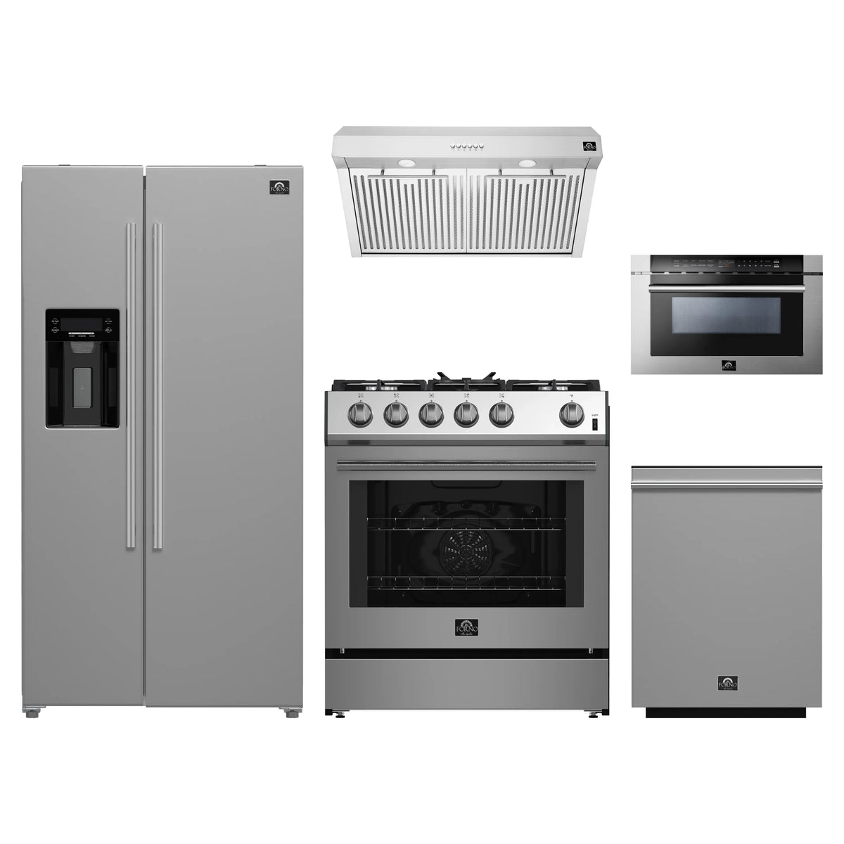 Forno 5-Piece Appliance Package - 30-Inch Gas Range, Under Cabinet Range Hood, Refrigerator with Water Dispenser, Dishwasher, and Microwave Drawer in Stainless Steel