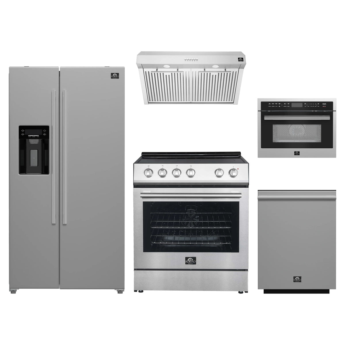 Forno 5-Piece Appliance Package - 30-Inch Electric Range, Under Cabinet Range Hood, Refrigerator with Water Dispenser, Dishwasher, and 24-Inch Microwave Oven in Stainless Steel