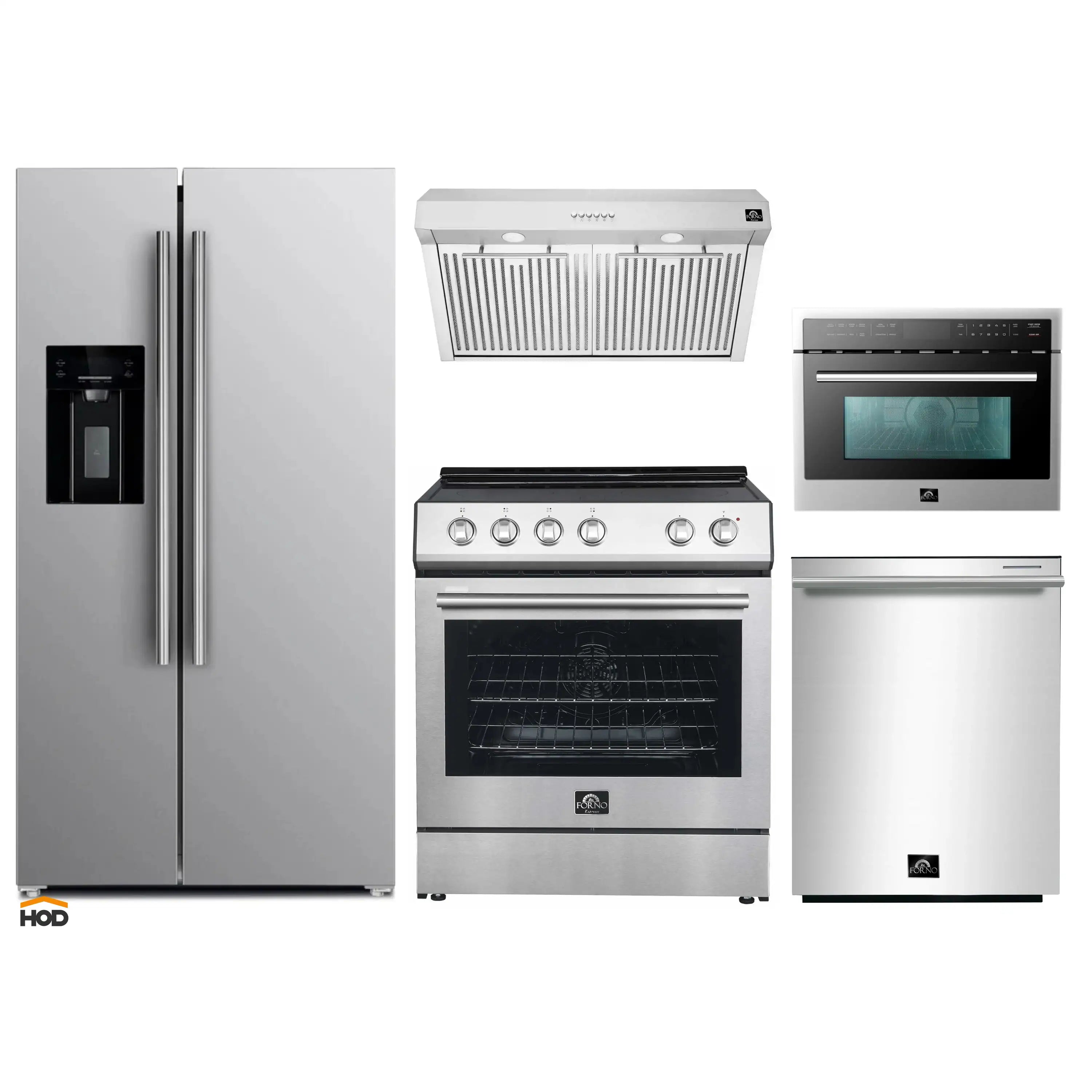 Stainless steel kitchen appliance set with refrigerator, range, oven, and microwave