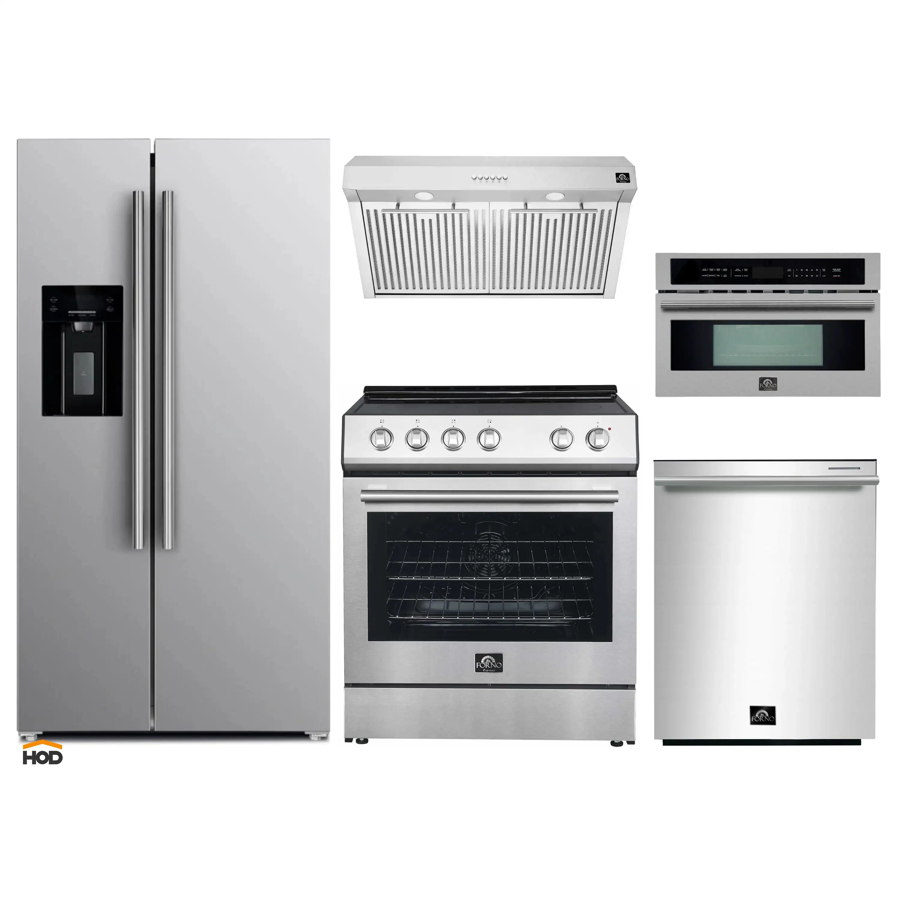 Stainless steel 5-piece appliance set with refrigerator, range, hood, dishwasher, microwave