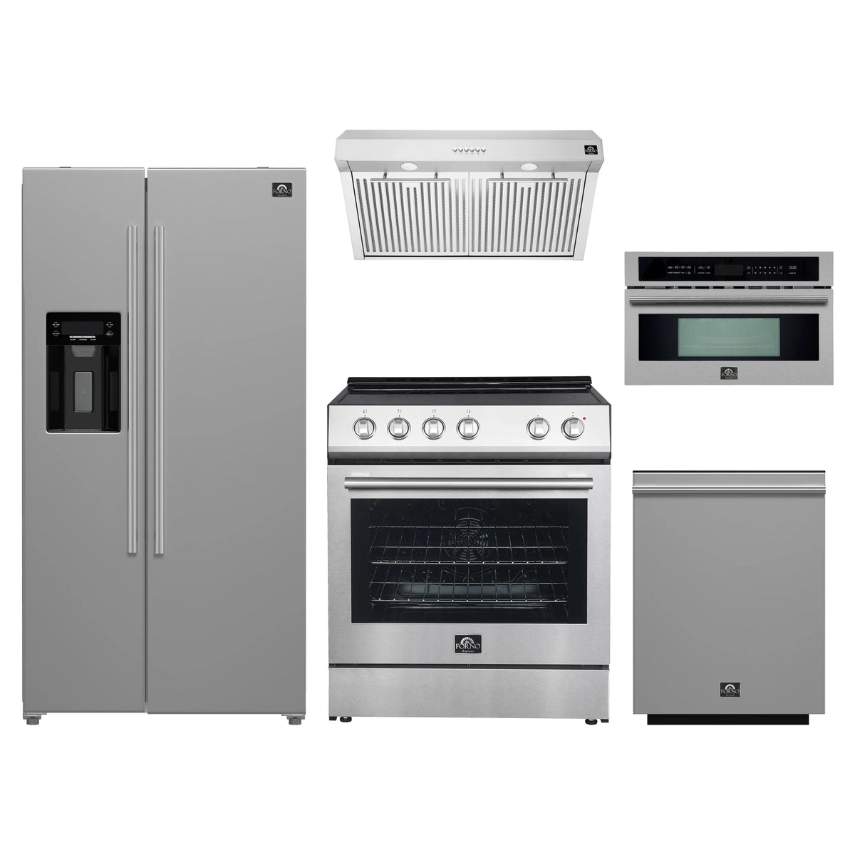 Forno 5-Piece Appliance Package - 30-Inch Electric Range, Under Cabinet Range Hood, Refrigerator with Water Dispenser, Dishwasher, and 30-Inch Microwave Oven in Stainless Steel