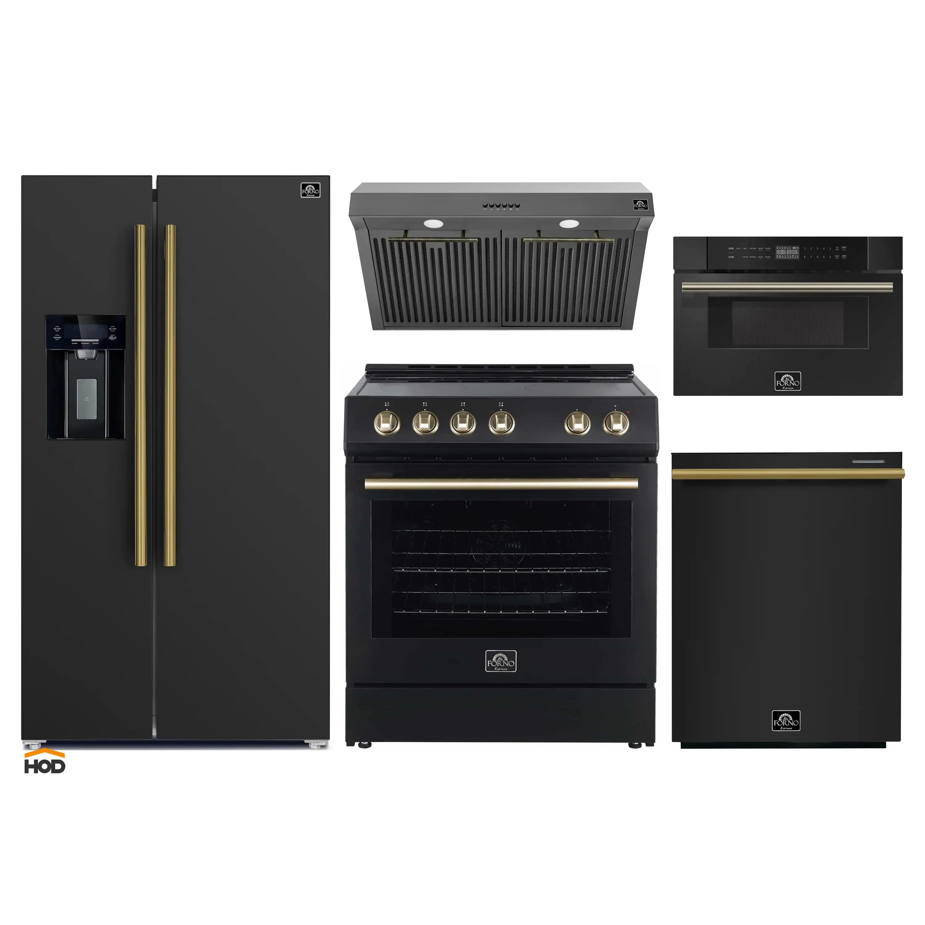 Black appliance set with refrigerator, range, dishwasher, and microwave hood; antique brass accents